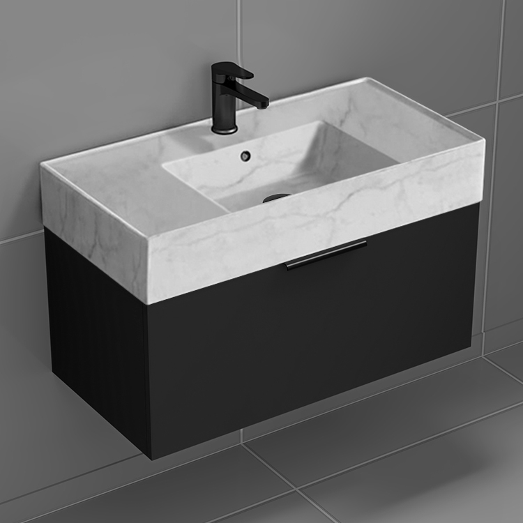 Nameeks DERIN764 Black Bathroom Vanity With Marble Design Sink, Floating, Modern, 32 Inch